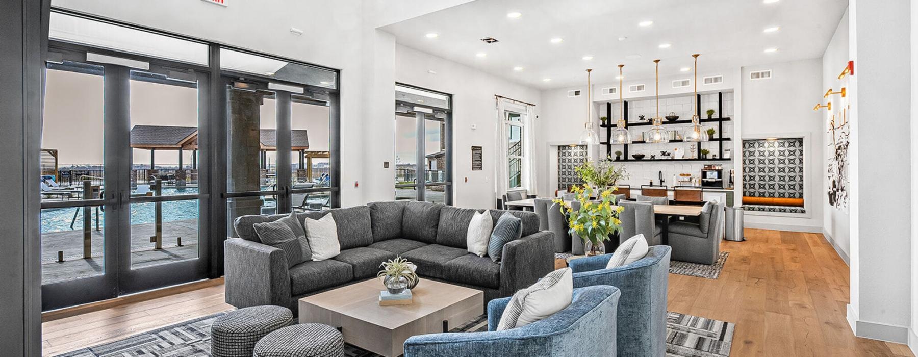 a living room with a large glass door